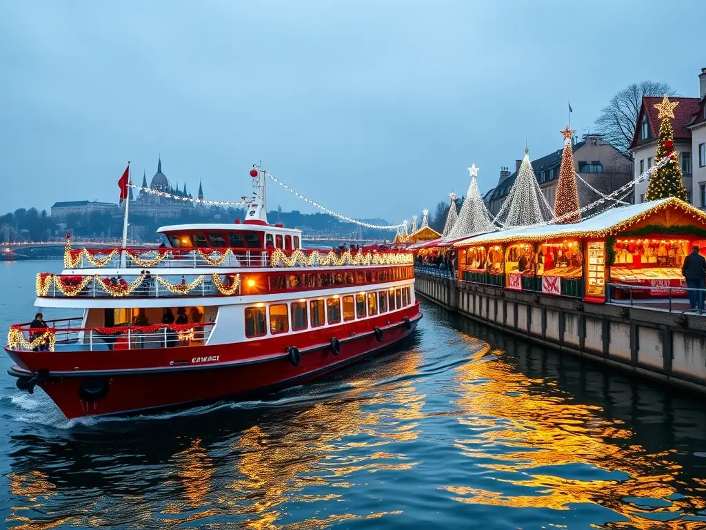 A beautifully decorated river cruise ship sailing along the Danube River during the Christmas season, with festive holiday markets visible on the riverbanks.