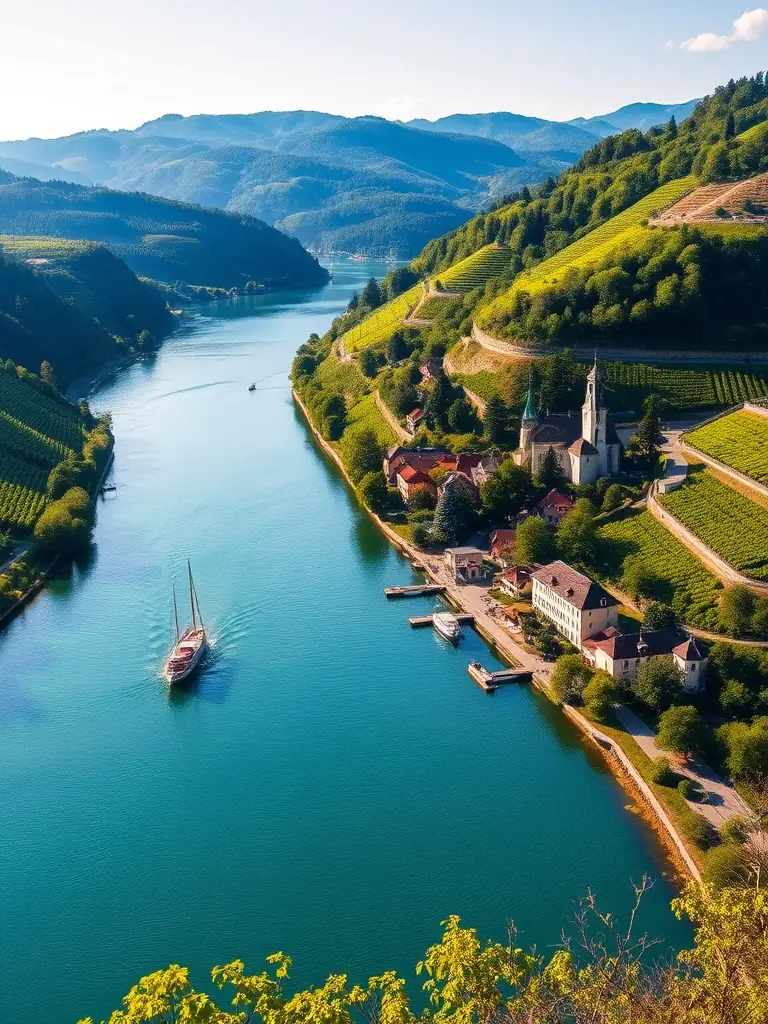 A serene photograph of the Danube River in Austria, with rolling hills, vineyards, and a charming riverside town in the background, representing the scenic beauty and wine heritage of the region.