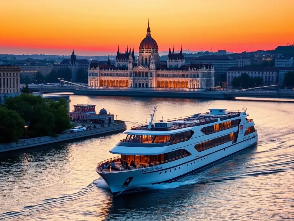 A scenic view of the Danube River with a luxury river cruise ship passing by the Hungarian Parliament Building in Budapest during sunset. The sky is filled with warm colors, and the water reflects the city lights.