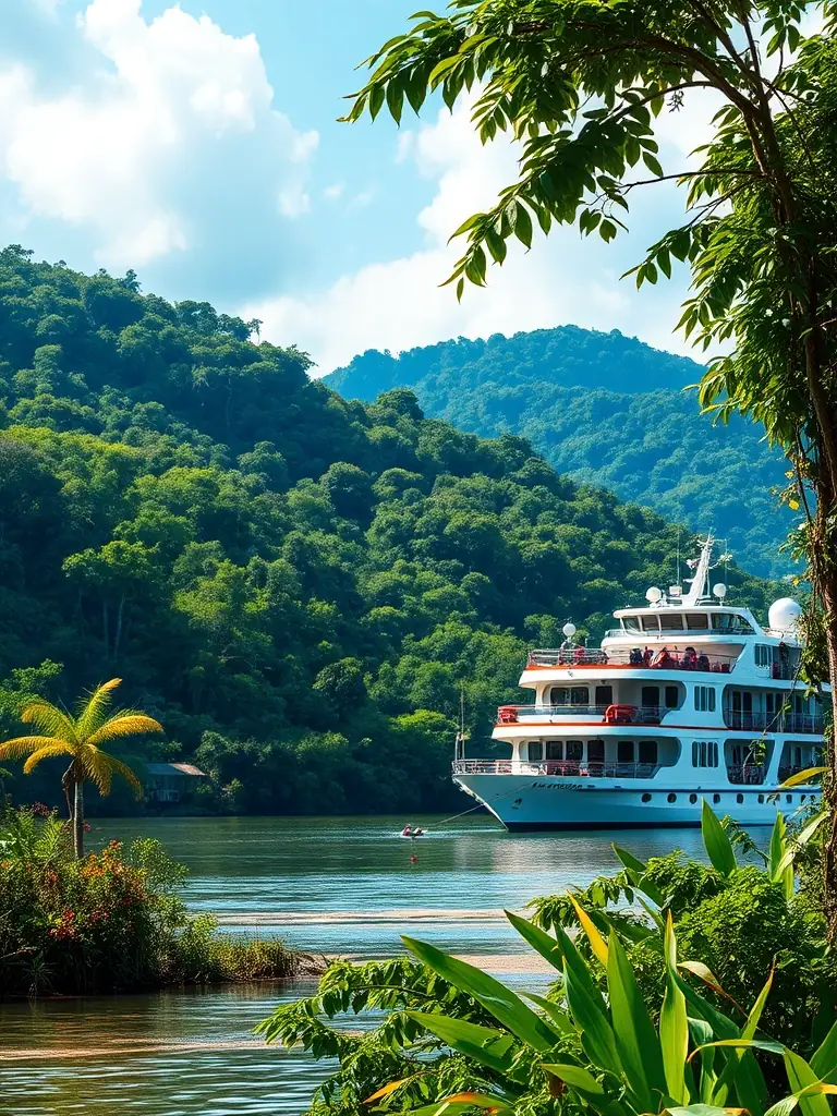 A scenic view of a South American river cruise, highlighting the Amazon River's lush rainforest, exotic wildlife, and luxurious cruise ship.