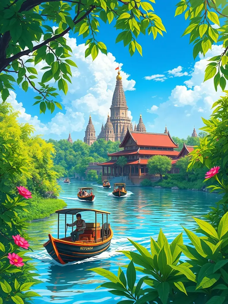 A vibrant image capturing the essence of an Asian river cruise, showcasing traditional boats, lush greenery, and ancient temples along the Mekong River.