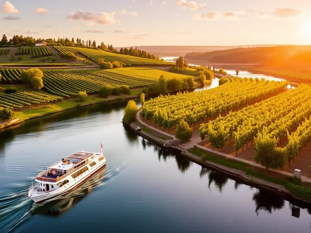 tenweb_media_SOJOW4WM7 - Trips by Tripp Travel: Luxury Cruises Cruise boat sailing along the Douro River in Portugal with vineyard-covered hills and scenic countryside views