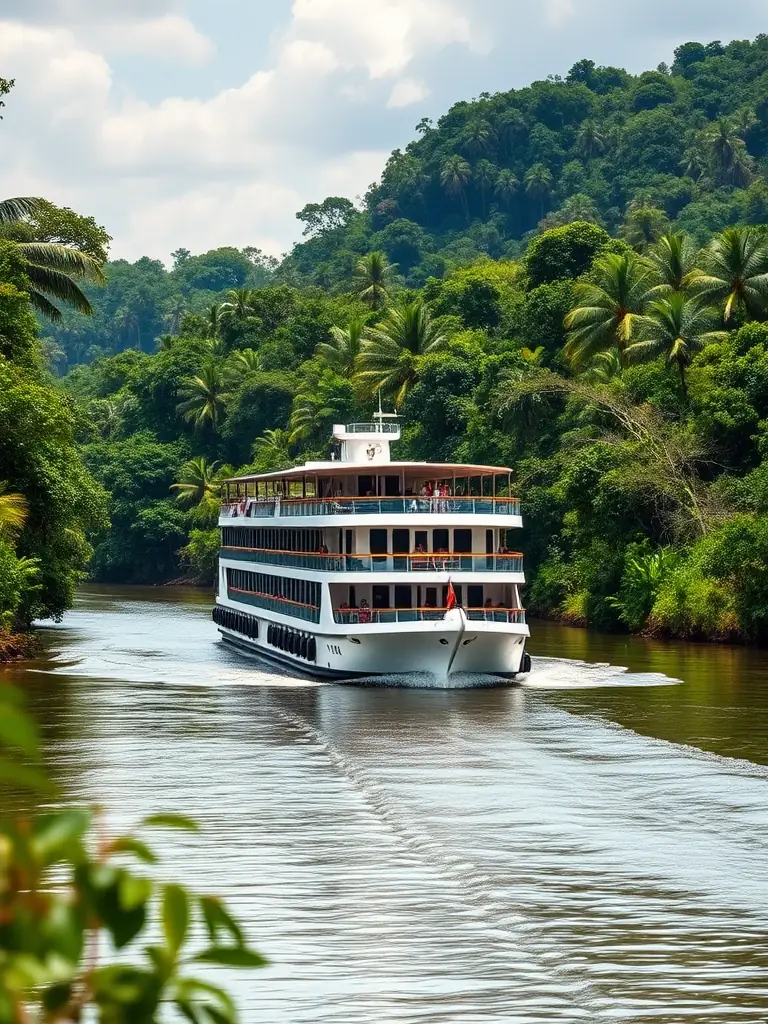 A breathtaking photo of a river cruise ship sailing on the Amazon River in South America, surrounded by dense rainforest and diverse wildlife, showcasing the adventurous spirit of South American river cruises.