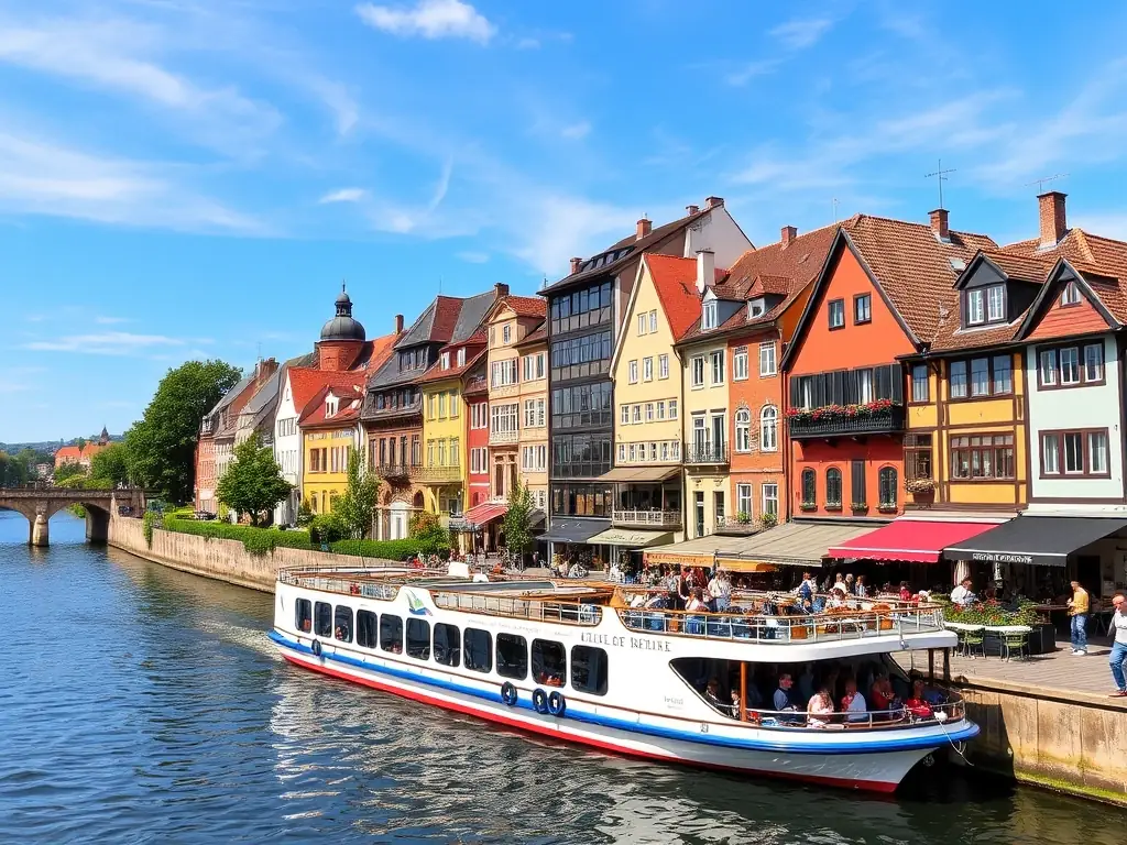 A vibrant image of the Rhine River with colorful houses lining the riverbanks in a quaint German town. A river cruise ship is docked, and passengers are exploring the town.