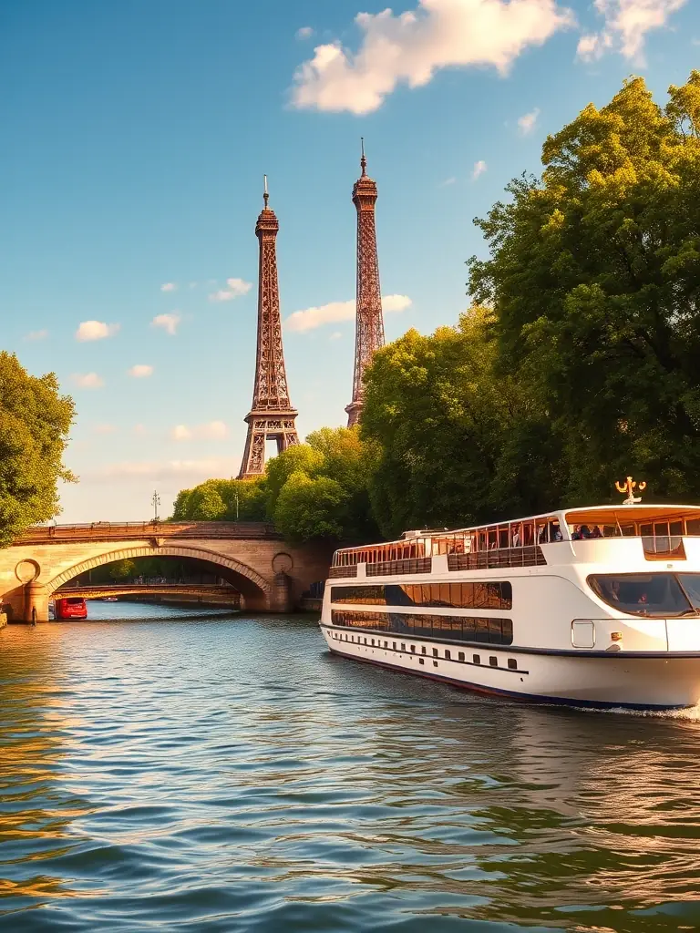 A captivating image of the Seine River in France, featuring the Eiffel Tower in the background and a river cruise ship passing by, highlighting the romantic ambiance and wine regions along the river.