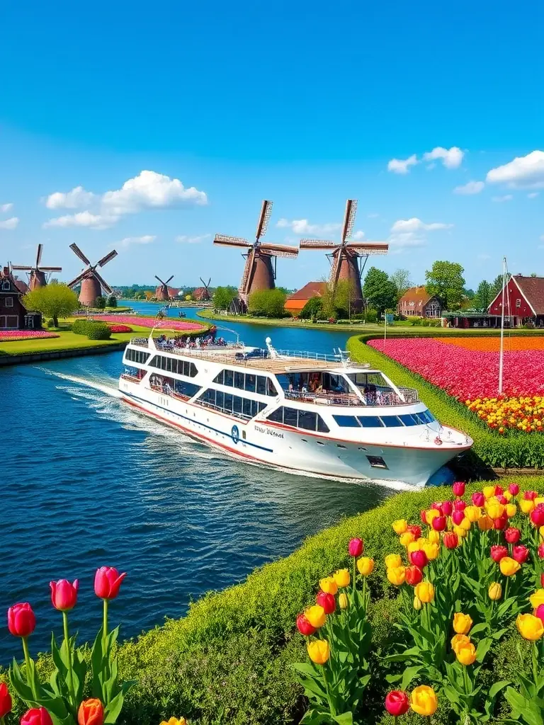 A vibrant image of a river cruise ship cruising through the waterways of the Netherlands and Belgium, with colorful tulip fields and windmills dotting the landscape. This image represents the Netherlands and Belgium waterways cruise option.