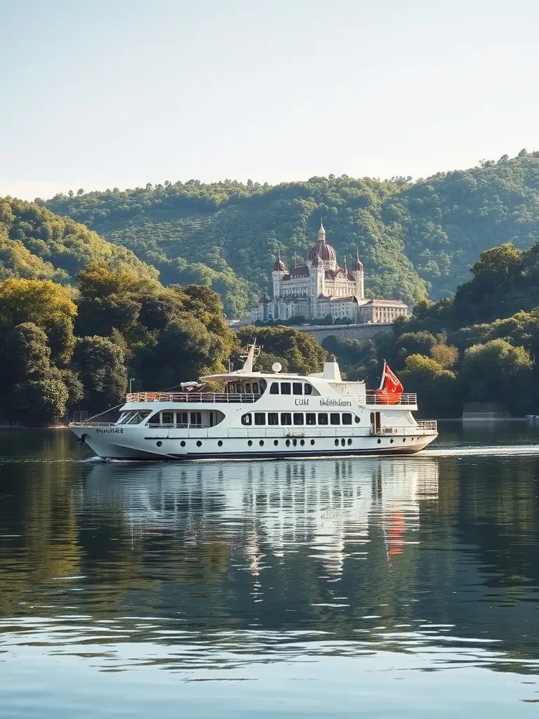 A photograph of a luxurious river cruise ship gracefully sailing down the Danube River, with charming European villages visible on the riverbanks, under a clear blue sky.
