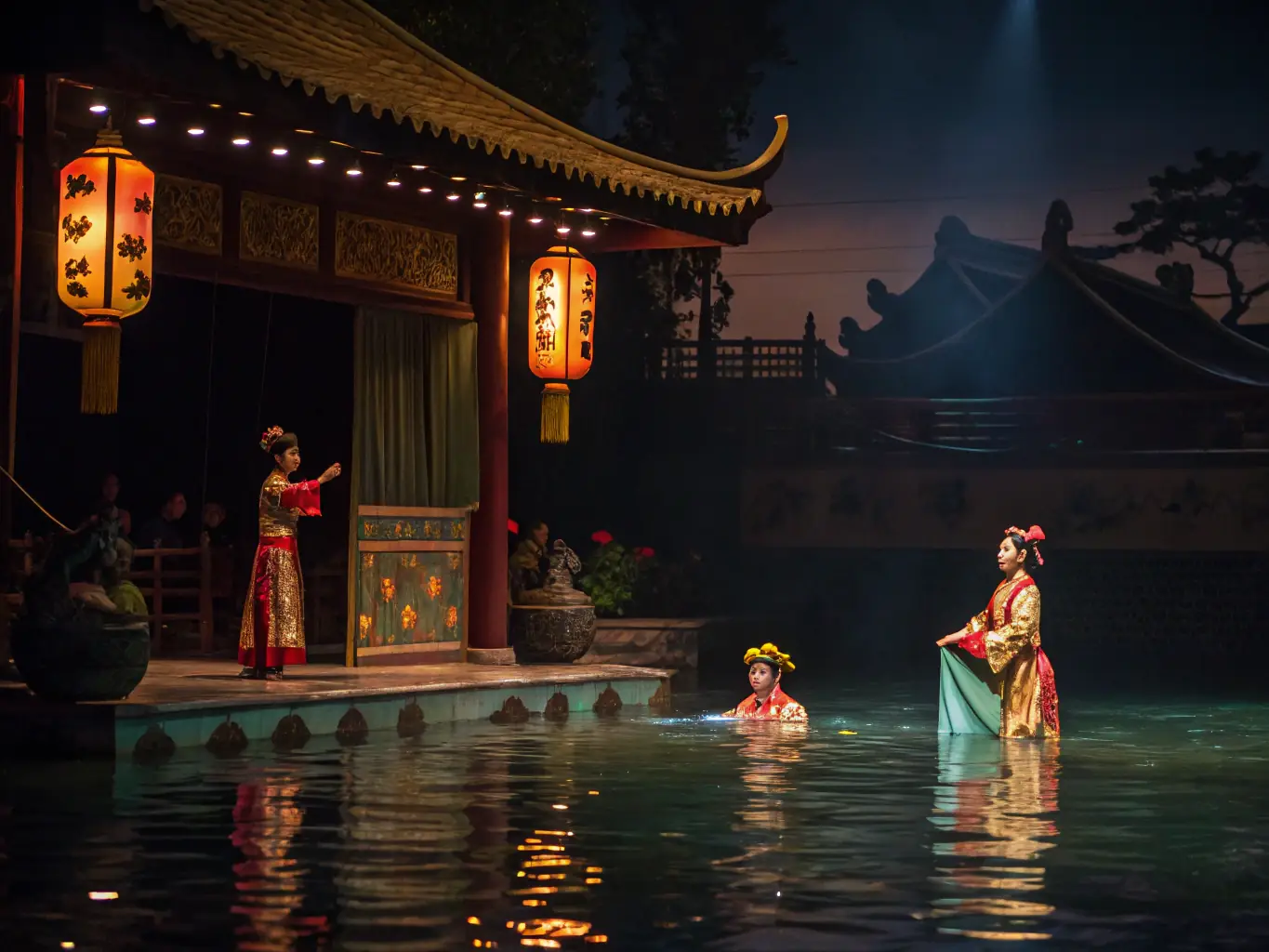 A traditional Vietnamese water puppet show, with colorful puppets performing on a flooded stage. The puppeteers stand behind a screen, manipulating the puppets with long bamboo rods.