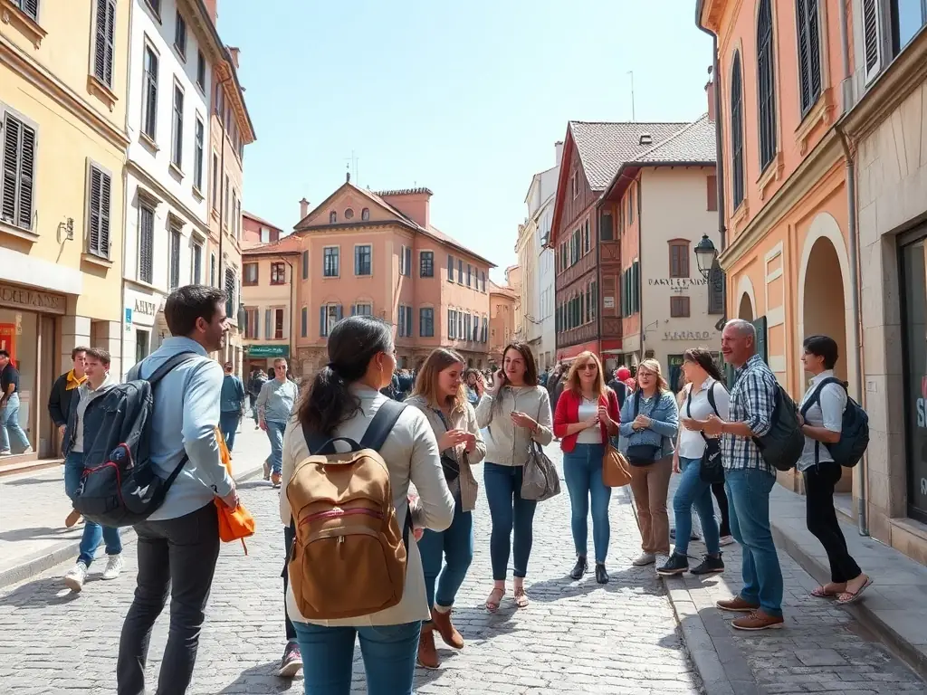 A group of travelers on a guided walking tour through a historic European city, led by a knowledgeable local guide, showcasing the guided excursions.