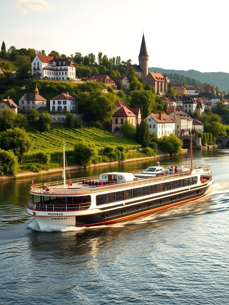 A picturesque view of a river cruise ship navigating the Rhine River, passing by a medieval castle perched on a hilltop, with lush green forests on either side. This image represents the Rhine River cruise option.