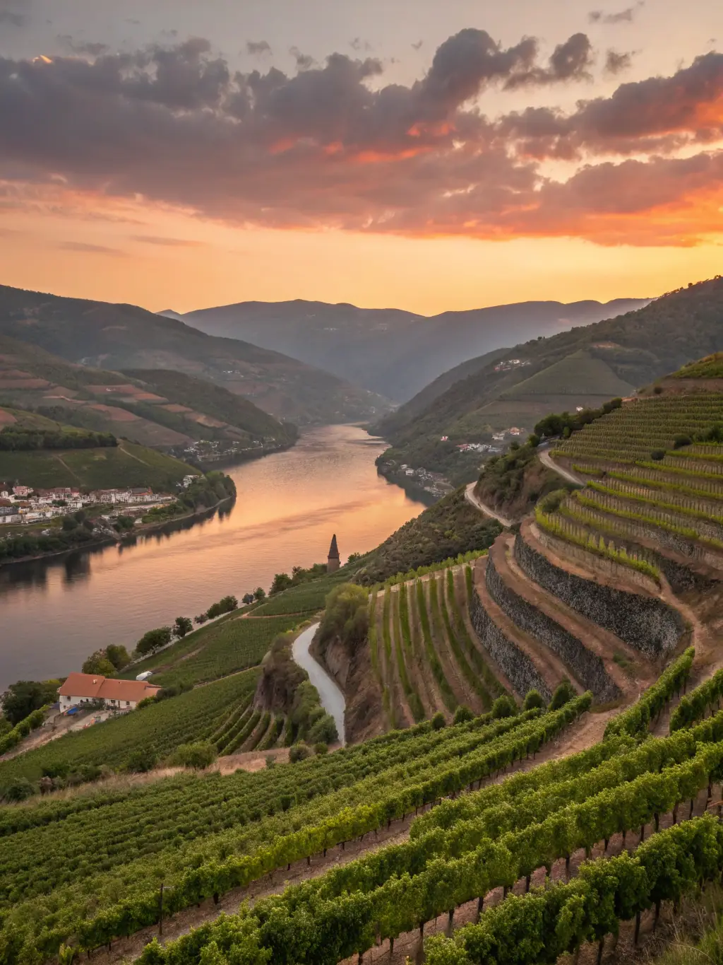 A serene image of a river cruise ship sailing along the Douro River in Portugal, with terraced vineyards on the hillsides in the background, under a sunny sky. This image represents the Douro River cruise option.