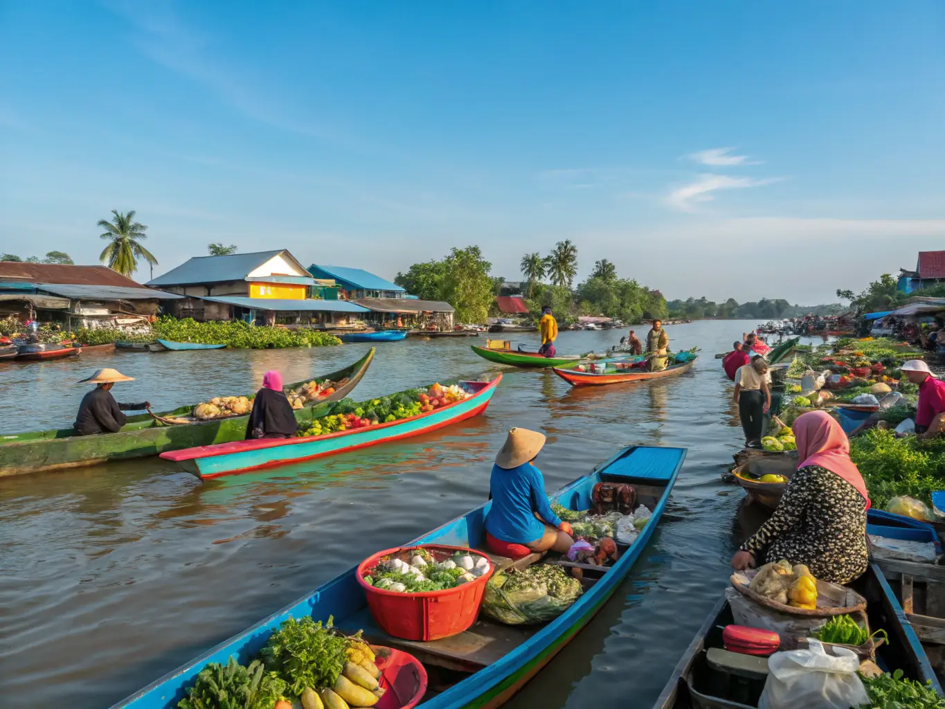 A vibrant floating market on the Mekong River, with boats laden with colorful fruits, vegetables, and local crafts. The scene is bustling with activity, showcasing the lively trade and culture of the region.