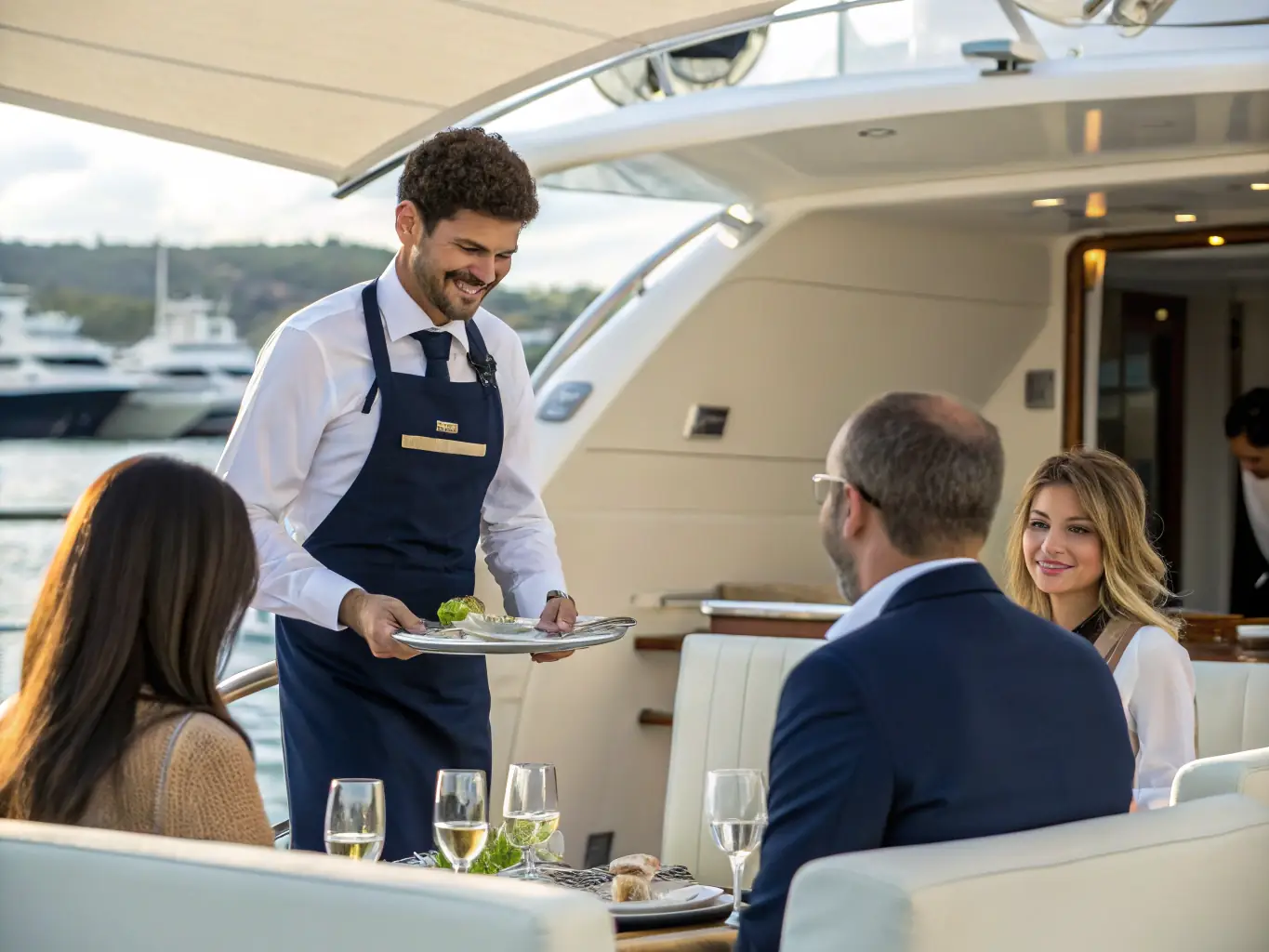A smiling cruise staff member offering personalized service to a passenger in a luxurious cabin on a river cruise ship, highlighting the world-class service.