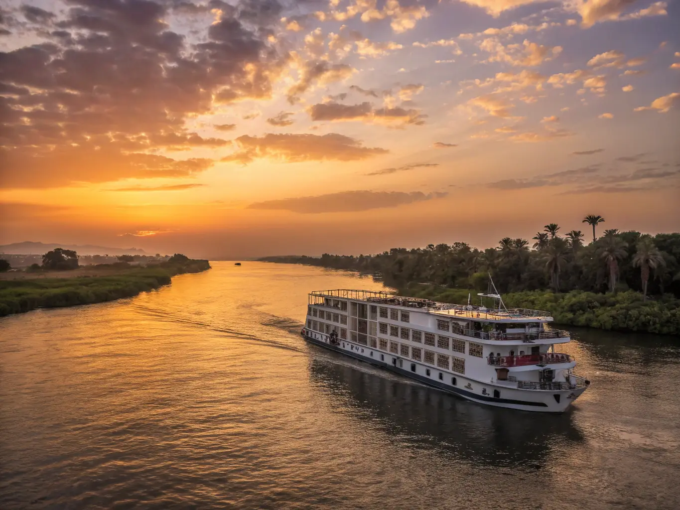 A serene image of a river cruise ship sailing down the Nile River in Egypt, with ancient temples and historical sites visible along the riverbanks.