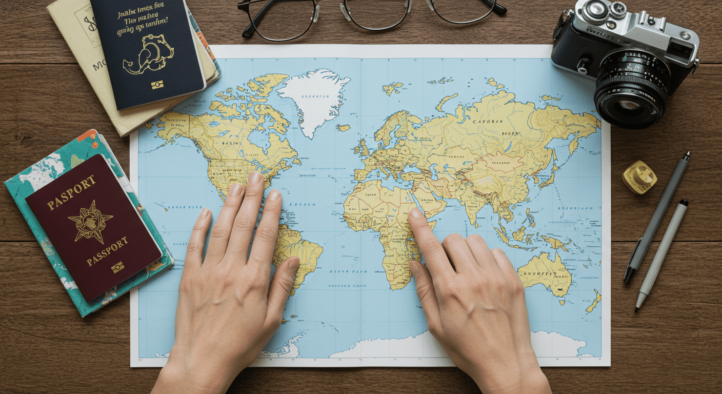 A close-up of a travel agent's hands pointing at a world map, with travel essentials like a passport, camera, and travel guides in the background, emphasizing the planning aspect of travel.