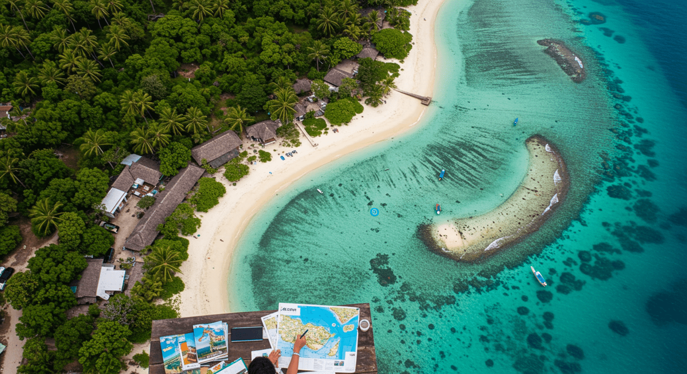 An aerial view of the stunning Zanzibar archipelago, highlighting its lush greenery and clear waters. A travel agent is depicted in a cozy office setting, surrounded by travel brochures and maps of Zanzibar, planning a trip for clients.