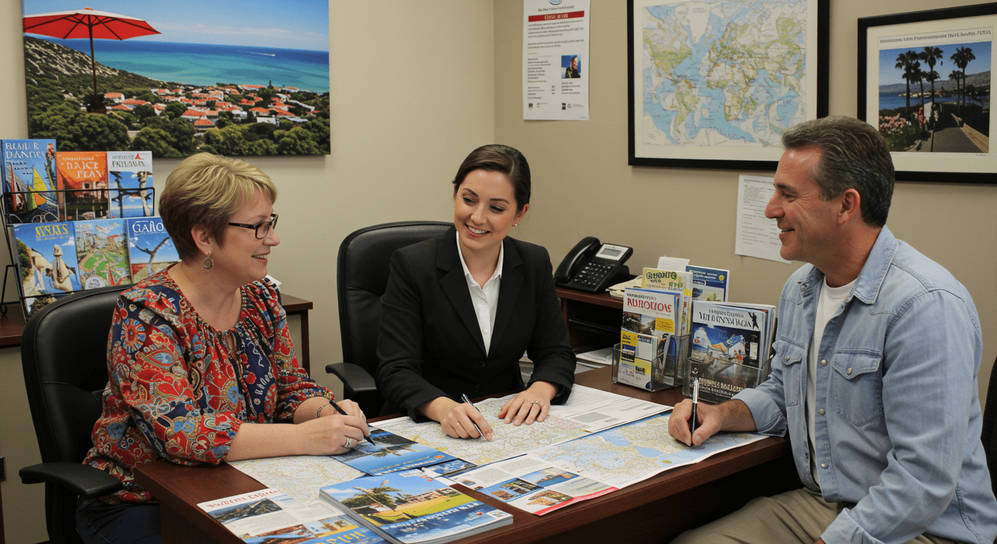 A vibrant scene of a travel agent's office in Baldwin Park, showcasing a friendly agent assisting a couple with travel brochures and maps spread out on the desk.