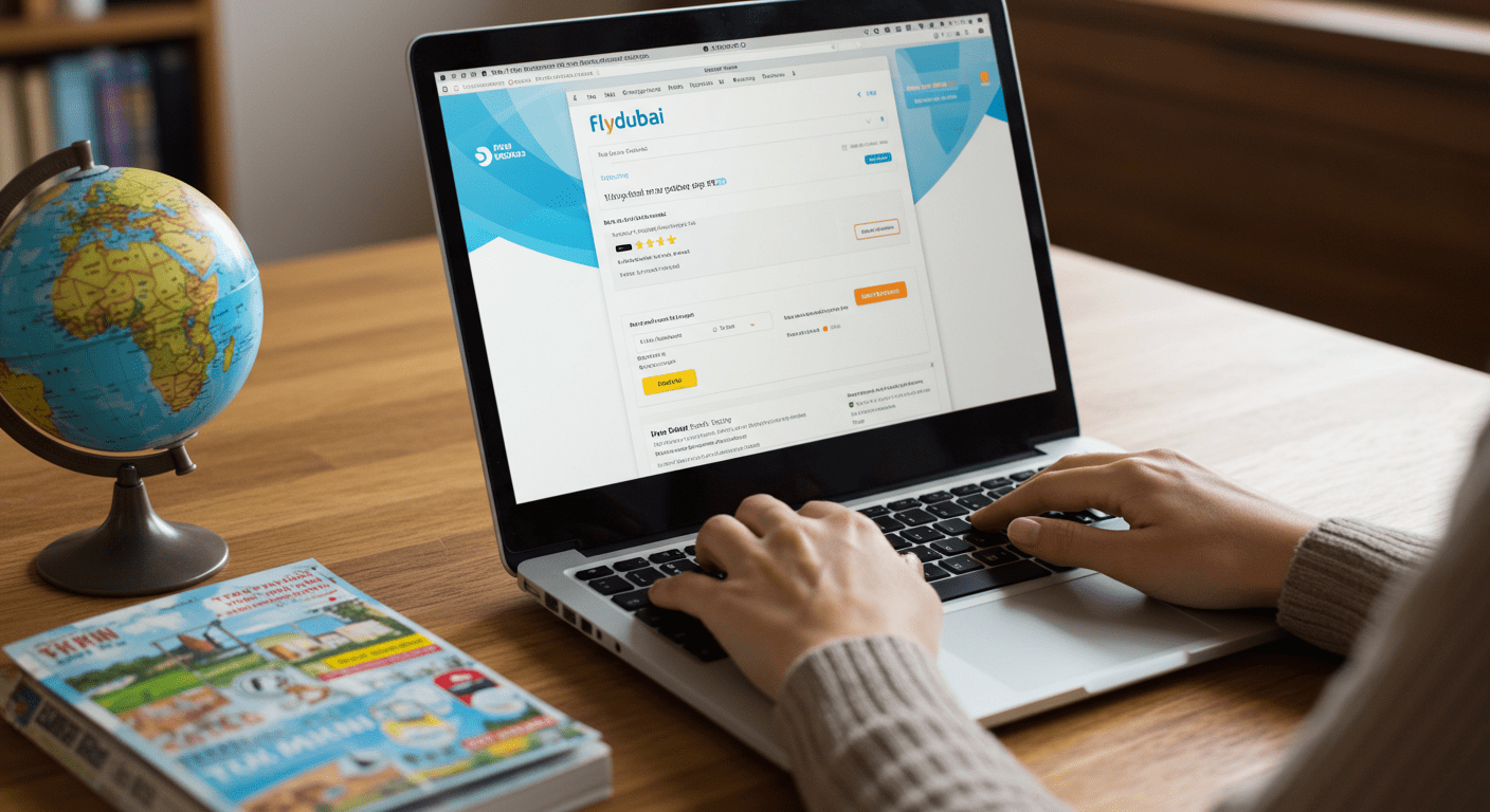 A close-up of a travel agent's hands typing on a laptop, with a Flydubai flight booking page displayed on the screen. A travel guidebook and a globe are in the foreground.