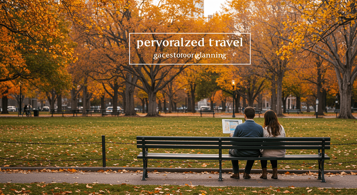 A picturesque view of the Boston Common park, with a couple sitting on a bench, looking at a travel itinerary on a tablet. The vibrant fall foliage adds warmth to the scene, symbolizing personalized travel planning.