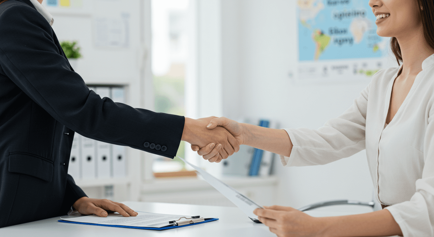 A travel agent shaking hands with a satisfied client, with a backdrop of a travel agency office. The image conveys trust and professionalism, highlighting the relationship between agents and clients.