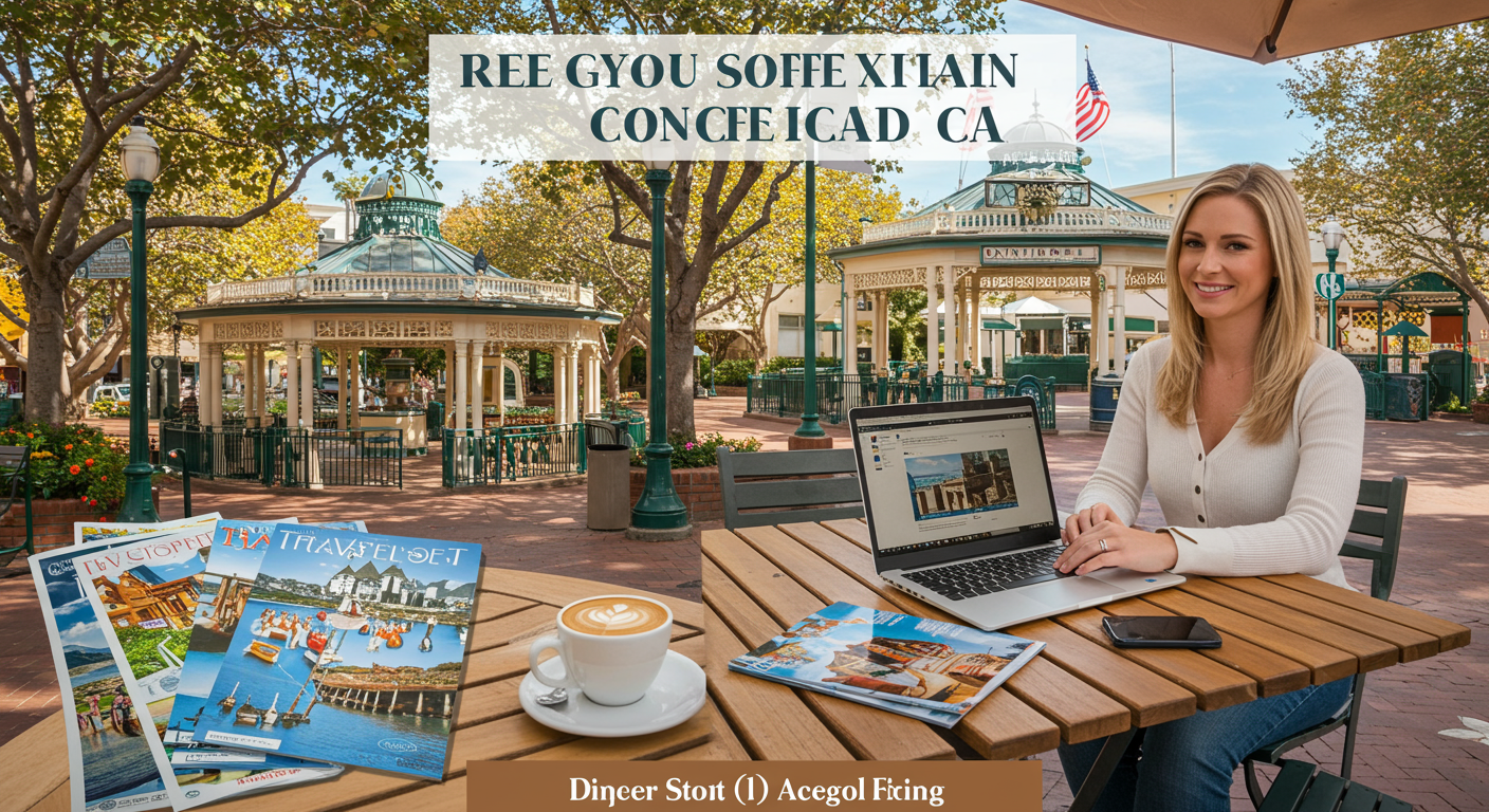 A vibrant street scene in Concord, CA, featuring a travel agent working at a cozy café with a laptop open, surrounded by travel brochures and a cup of coffee. The background showcases local landmarks, such as the Concord Pavilion.