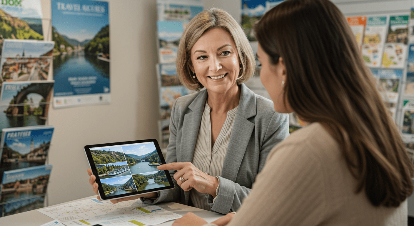A travel agent consulting with a client, showing them a digital tablet with river cruise options and itineraries.