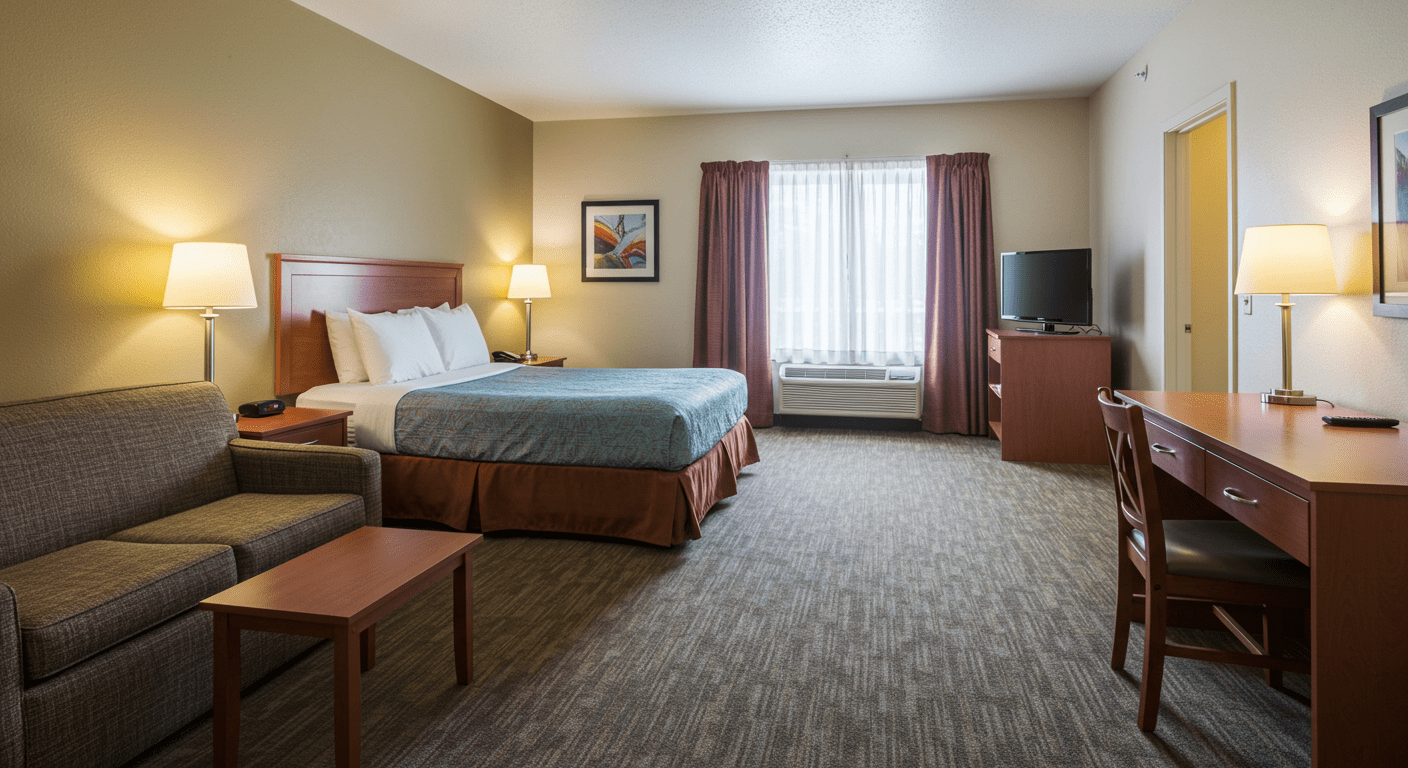 A warm and inviting family room at Motel 6, showcasing a spacious layout with comfortable beds, a cozy seating area, and bright natural light streaming through the windows. The room is decorated in cheerful colors, emphasizing a family-friendly atmosphere.
