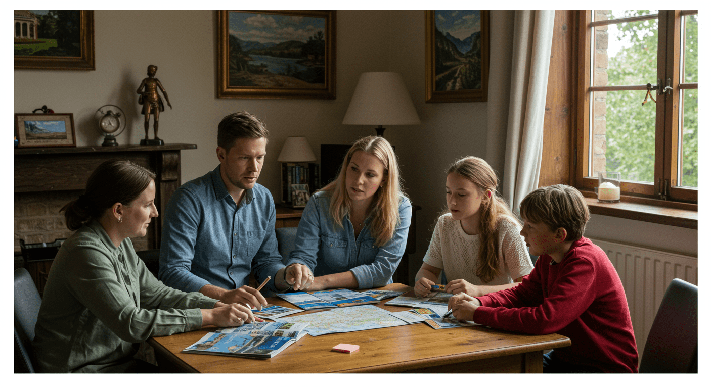 A travel agent assisting a family in a cozy office environment, with travel brochures and maps spread out on the table. The agent is attentively listening to the family's travel preferences.