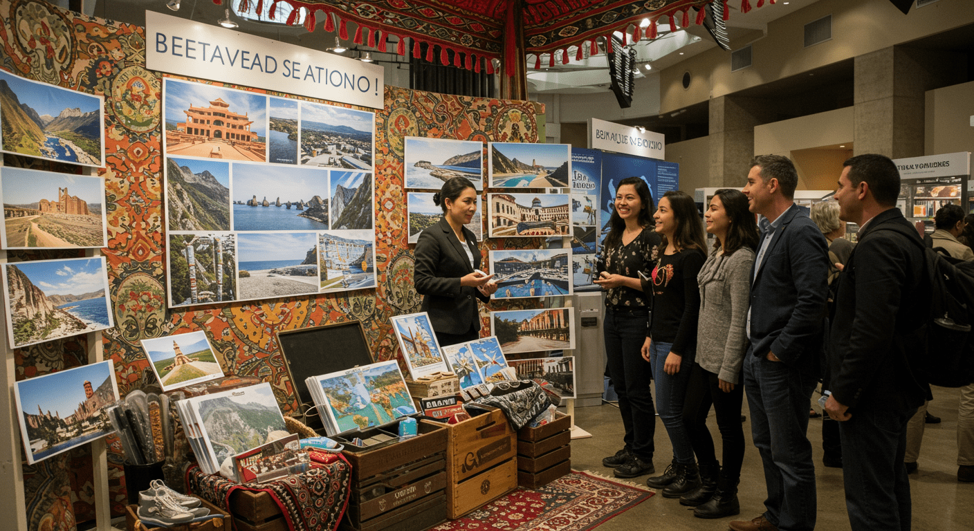 A beautifully arranged travel display featuring popular destinations, with a travel agent discussing options with a group of excited travelers. The setting showcases Santa Clara's cultural diversity.