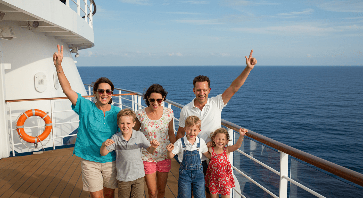 A joyful family enjoying time together on the deck of a cruise ship, with the ocean in the background.