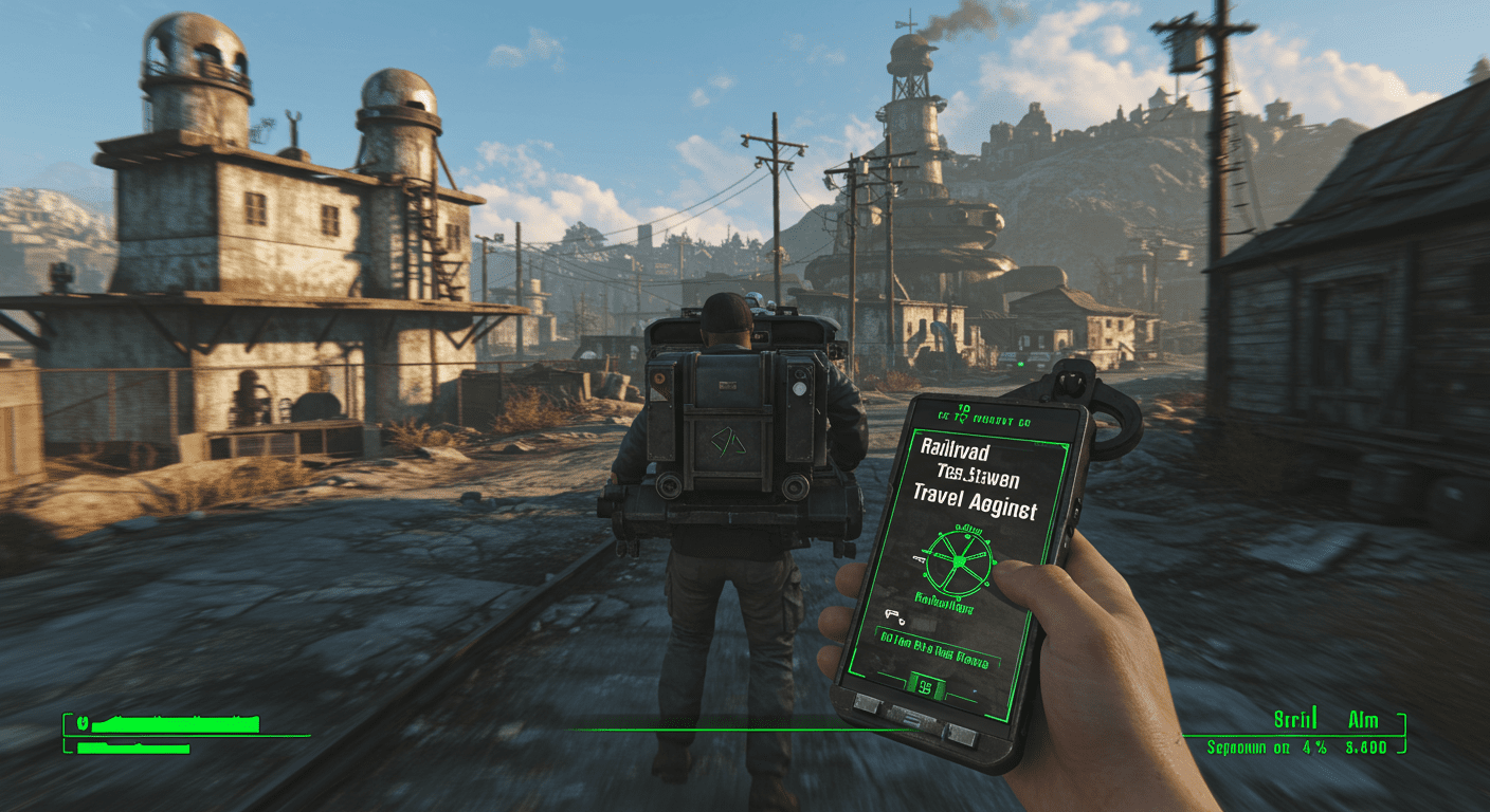 An action shot of a player character using the Railroad Travel Agent mod to fast travel, with a dynamic motion blur effect that conveys speed. The background includes iconic Fallout 4 landmarks.