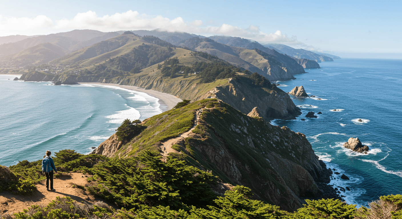 A panoramic view from Mori Point, capturing the rugged coastline and lush greenery. A hiker is seen enjoying the scenery, emphasizing outdoor activities available in Pacifica.