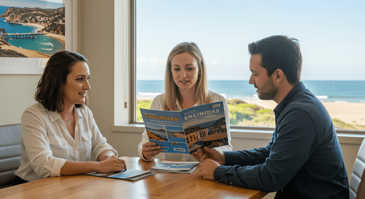 A travel agent sitting at a beautifully arranged desk, engaging with a couple while showing them a vibrant travel brochure of Encinitas. The background features a window showcasing a sunny beach view.