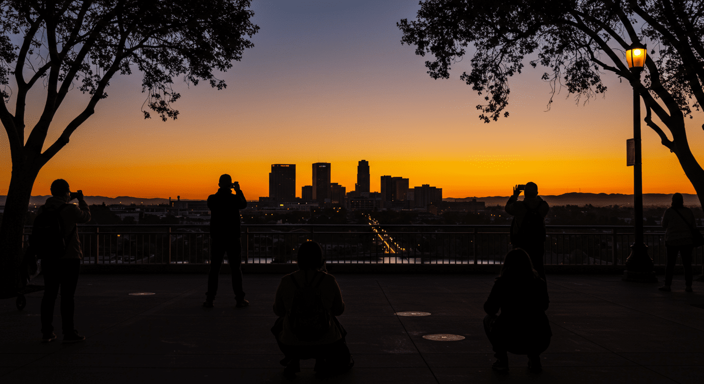 A scenic view of Riverside's skyline at sunset, with silhouettes of travelers taking photos. This captures the allure of Riverside as a travel destination.