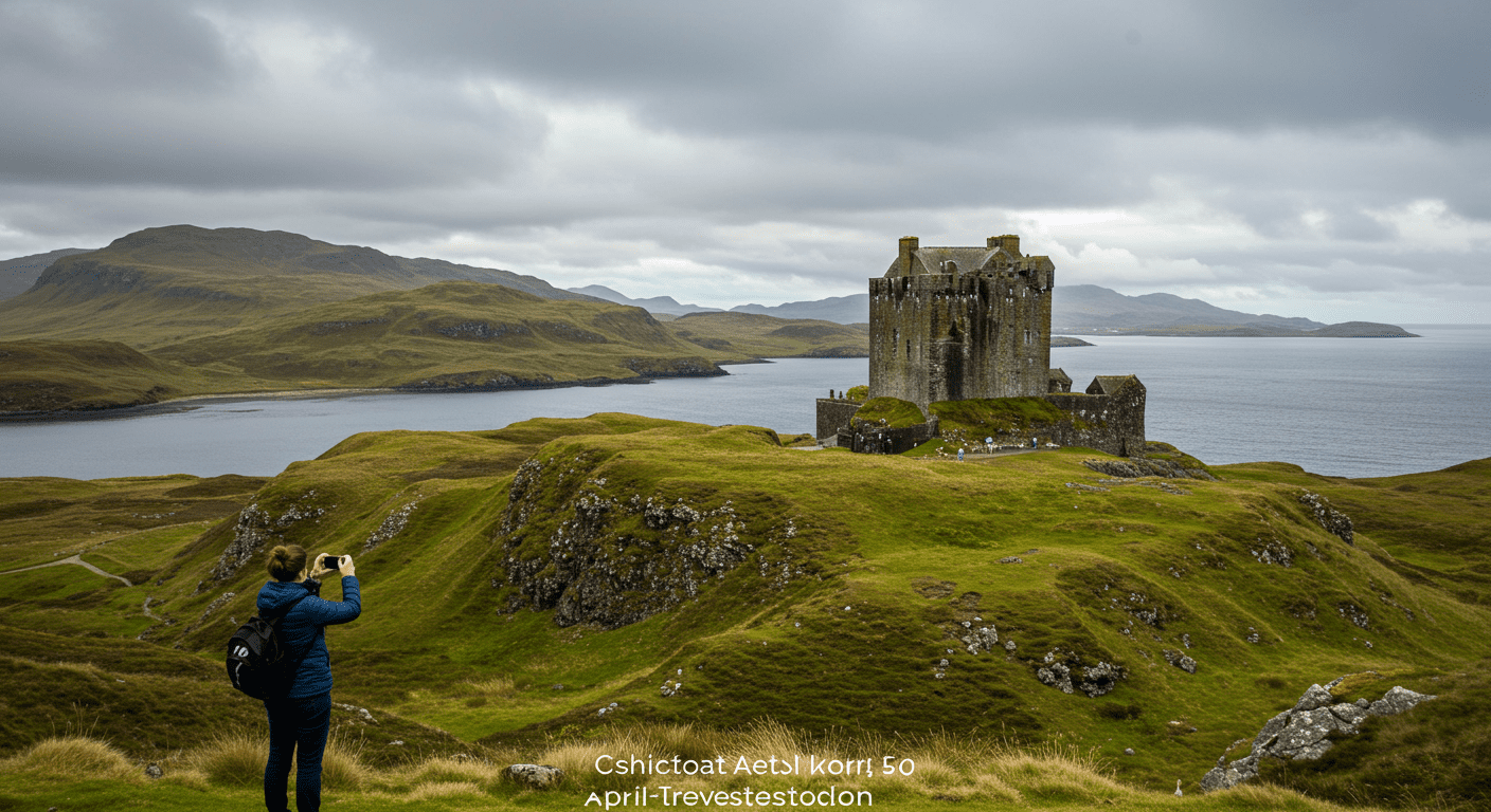 A breathtaking landscape of the North Coast 500, featuring a picturesque castle on a hill with lush greenery and a clear blue sky. A travel agent is seen taking photos with a camera.