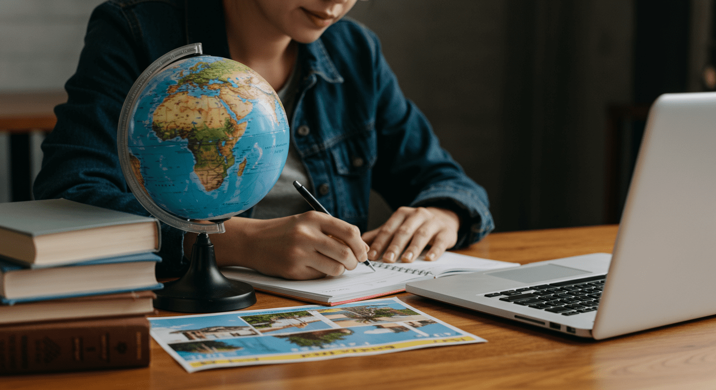 A student studying travel agent materials with a globe and travel books on the table. The student is taking notes while looking at a laptop.