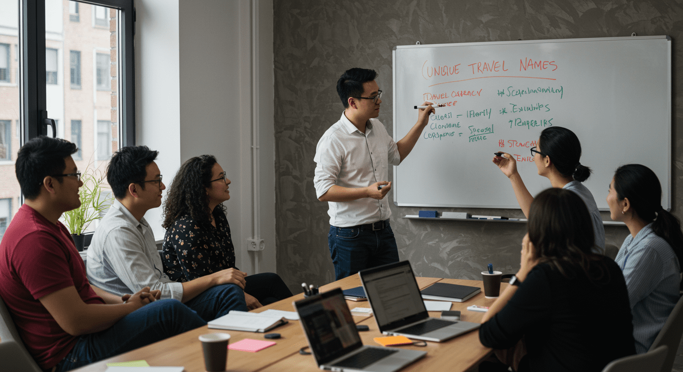 A brainstorming session in a cozy office space where a diverse group of creative professionals is discussing and writing down unique travel agency names on a whiteboard. The atmosphere is collaborative and inspiring.
