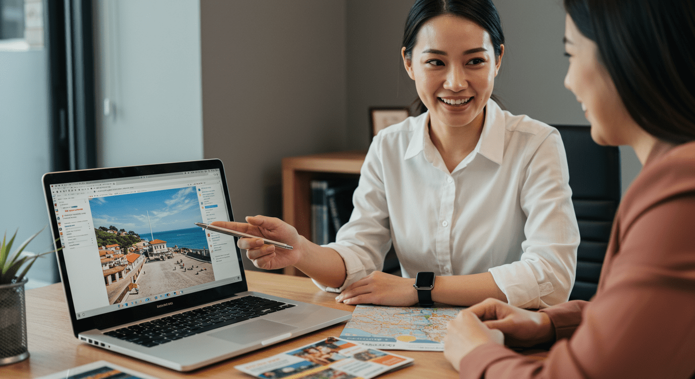 A travel agent sitting at a desk, engaging with clients over a laptop, displaying travel brochures and maps. The agent is smiling and pointing at the screen, showcasing a travel destination.