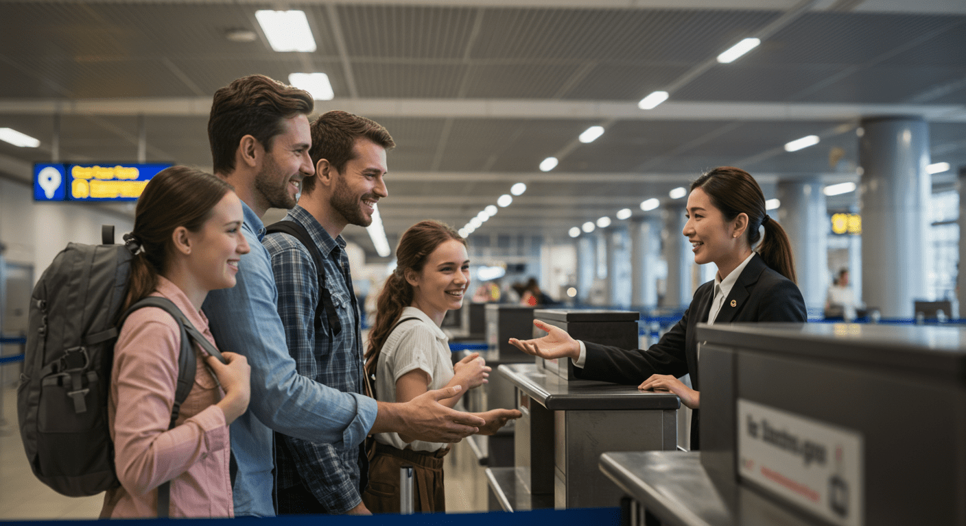 A cheerful family at an airport, with a travel agent assisting them at the check-in counter. The image captures the essence of customer service and the rewarding experience of helping clients.