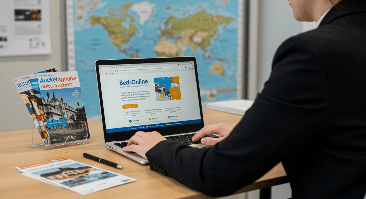 A travel agent sitting at a modern desk, focused on a laptop with the Bedsonline website open. The background features travel brochures and a world map, symbolizing global travel.