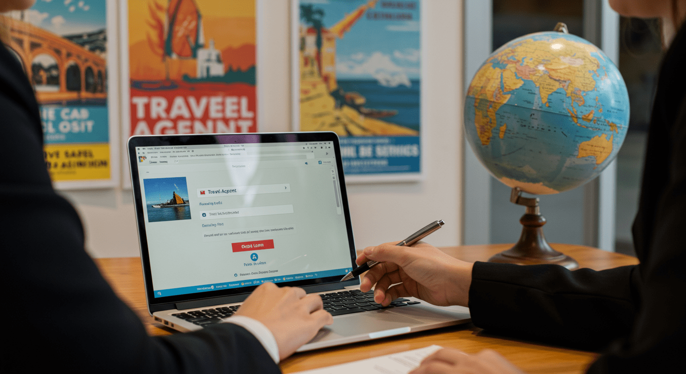 A travel agent helping a client at a desk, with a laptop open to a travel agent login page. The background features travel posters and a globe, emphasizing personalized service and local expertise.