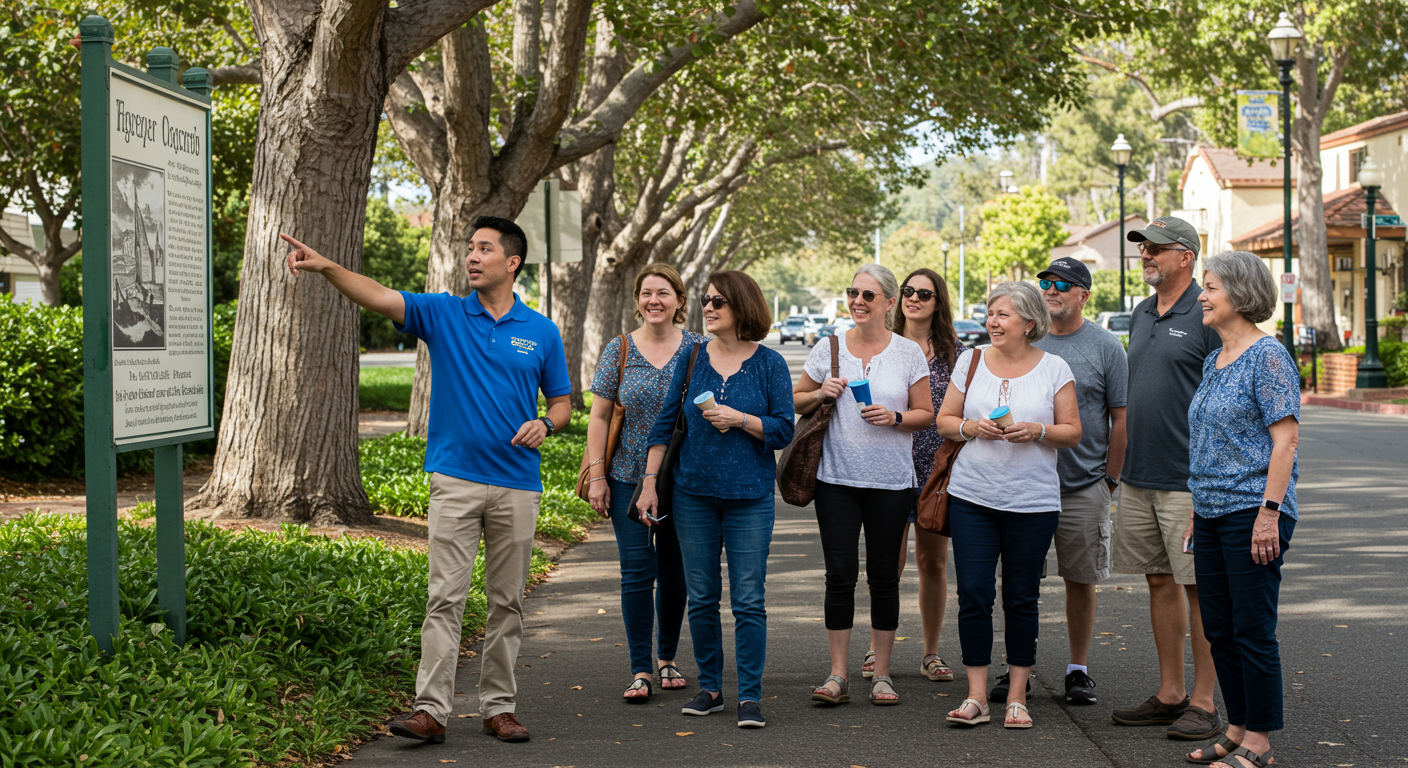 A travel agent leading a group of clients on a local tour in Camarillo, pointing out interesting facts about the area.