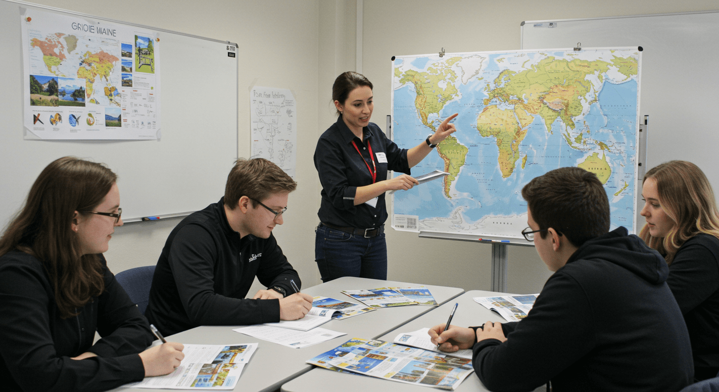 A vibrant classroom setting with students engaged in a travel training session. A travel instructor is demonstrating using a world map, while students take notes and interact with travel brochures.