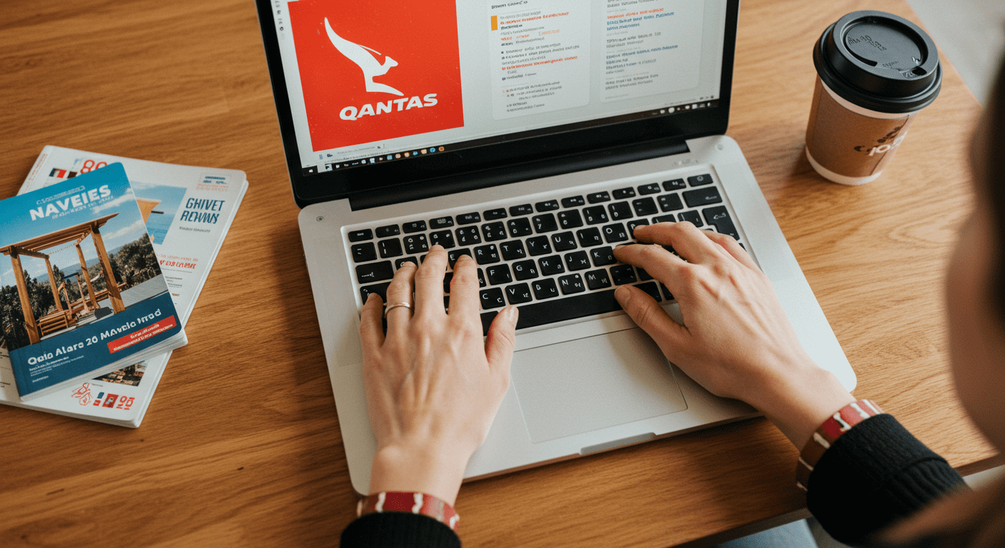 A close-up of a travel agent's hands typing on a laptop, with a Qantas logo visible on the screen. Surrounding the laptop are travel guides and a coffee cup.