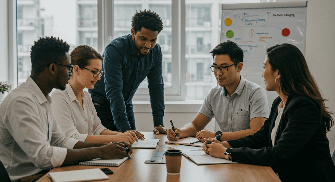 A group of diverse travel agents in a collaborative meeting, discussing travel packages and opportunities. The setting is bright and modern, reflecting a professional yet friendly environment.