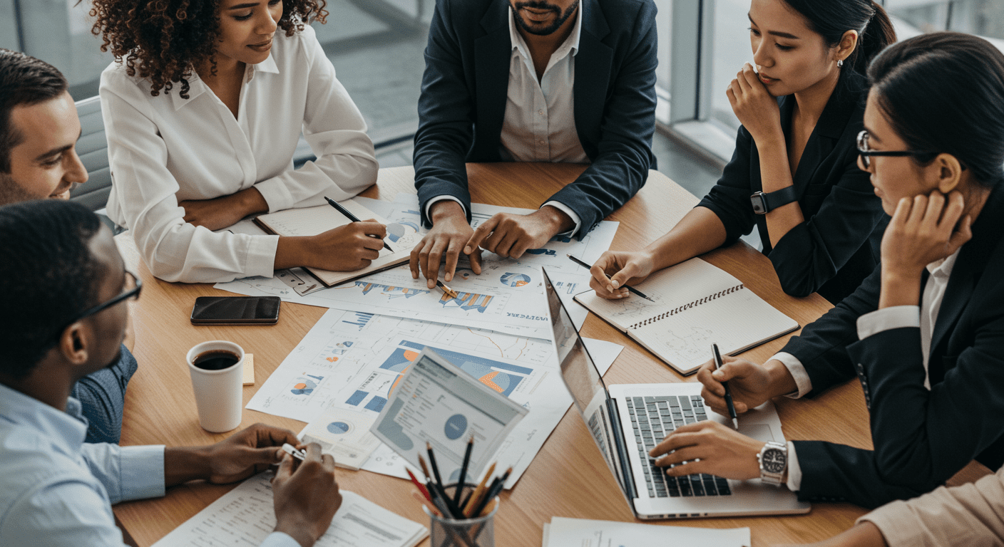 A diverse group of travel agents gathered around a conference table, discussing travel plans and strategies. Laptops and travel materials are present, highlighting teamwork and collaboration in the travel industry.