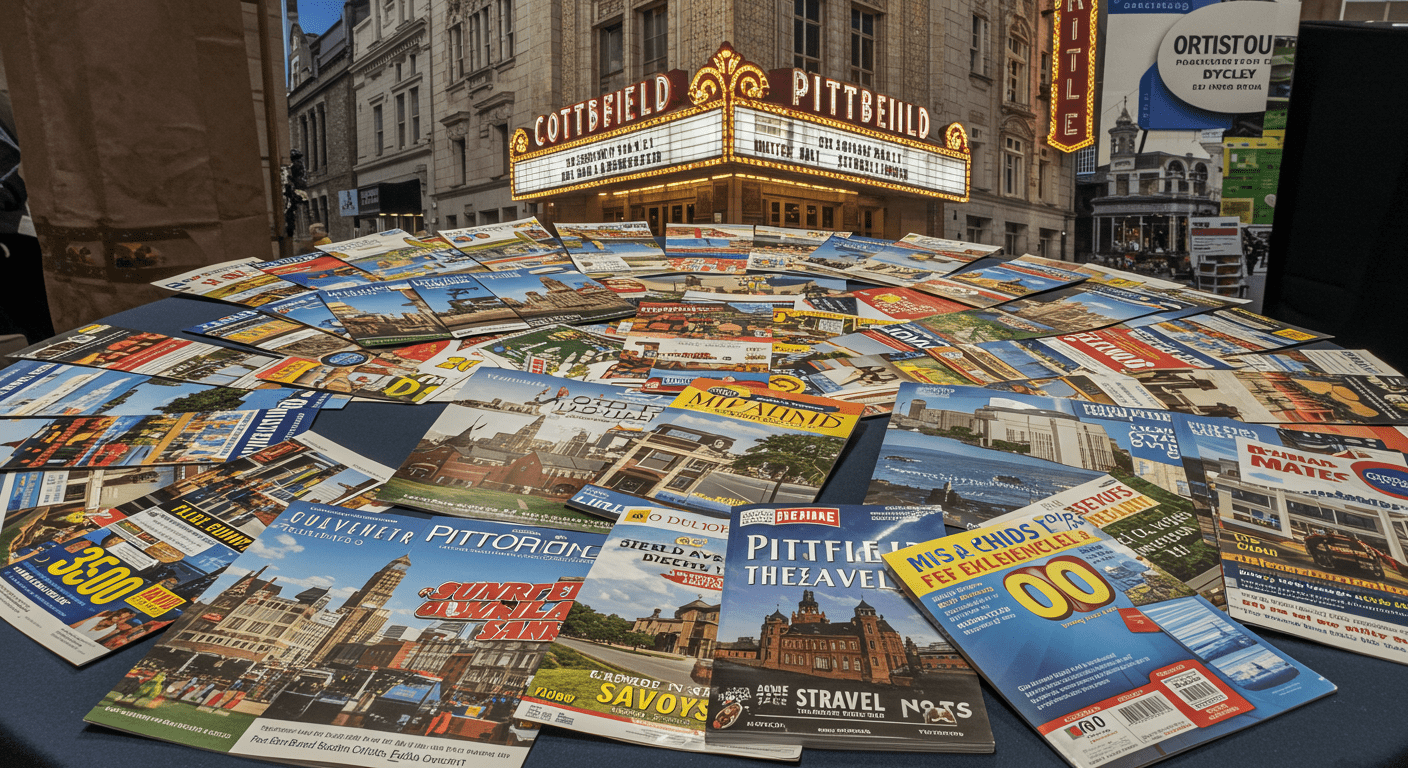 A visually appealing display of travel brochures and discount flyers spread out on a table, with a background of iconic Pittsfield landmarks like the Colonial Theatre. This image conveys the idea of exploring travel options and savings.