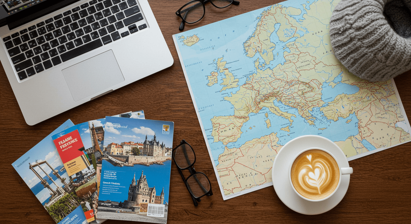 An overhead shot of a travel planning session, featuring a laptop, travel brochures, and a map of Europe spread out on a table. A cup of coffee sits nearby, adding a cozy touch.