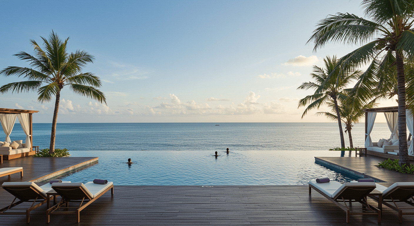 A breathtaking view of a luxury resort in a tropical destination, with infinity pools overlooking the ocean. Sun loungers are set up, and palm trees sway gently in the breeze, inviting travelers to relax and unwind.