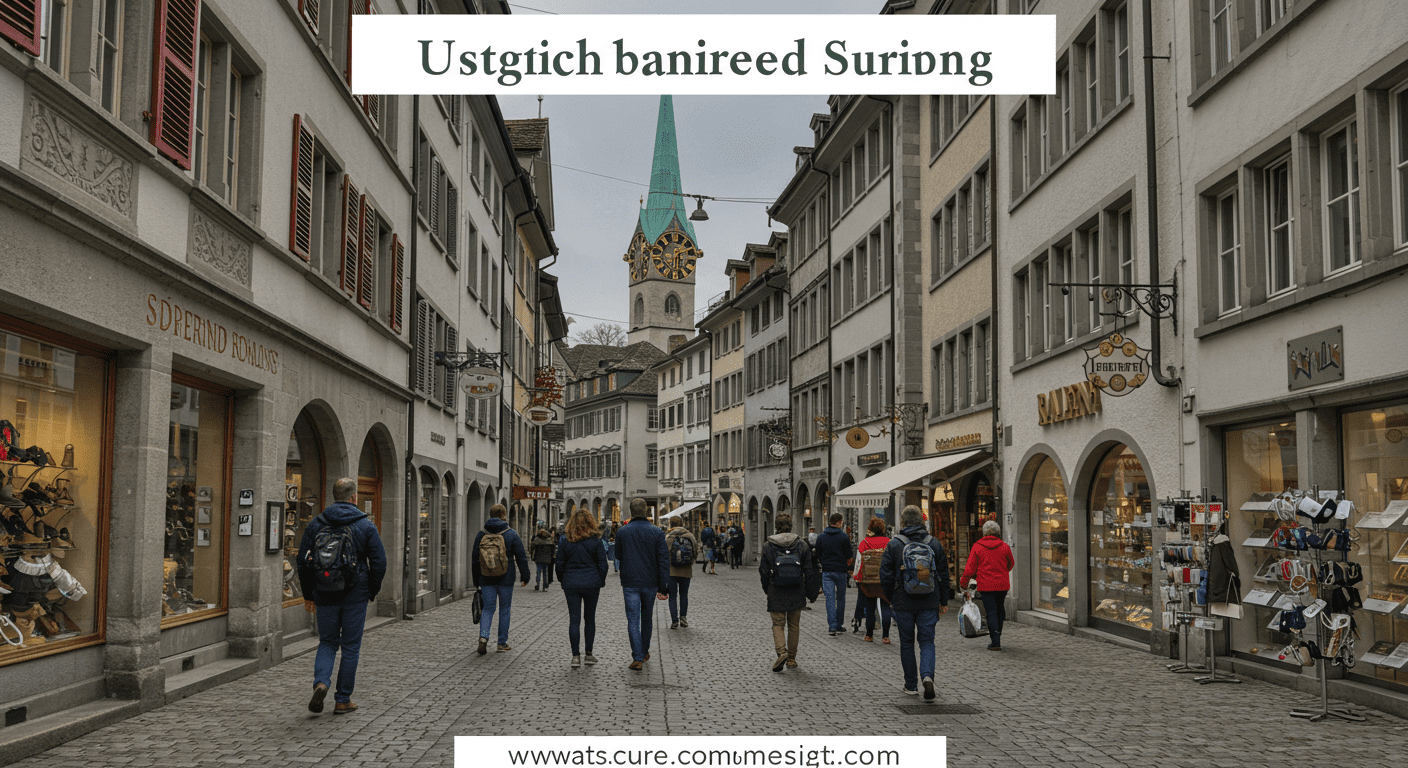 A vibrant street scene in Zurich's Old Town, with tourists exploring charming cobblestone streets, historic buildings, and local shops. The image captures the essence of cultural experiences and adventure.